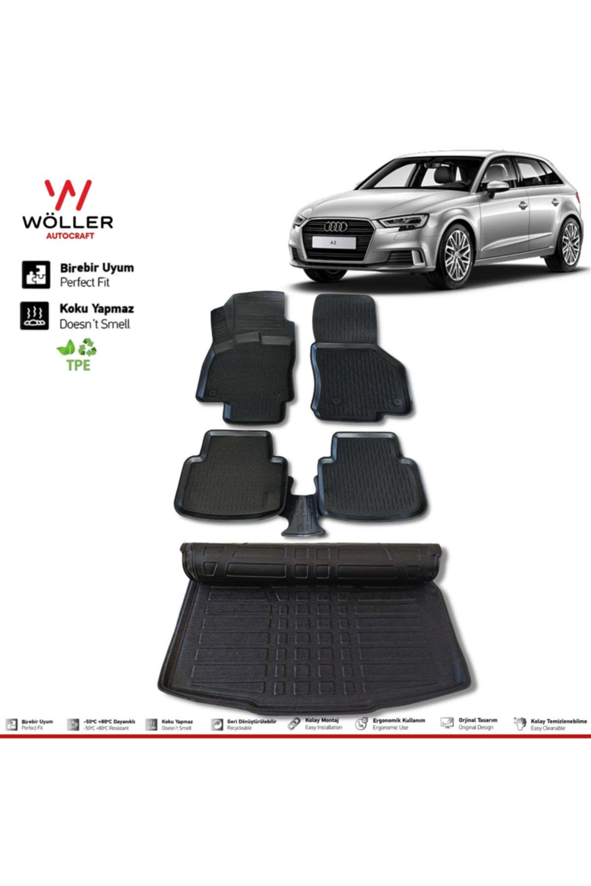 Комплект коврика для багажного бассейна Wöller Audi A3 Sedan 3d Ultraflex с 2013 по 2020 гг. wöllersetultra001