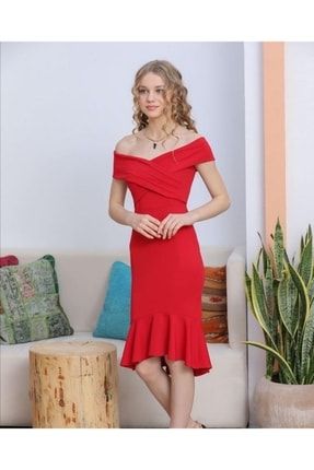 Kırmızı Çapraz Yaka Eteği Fırfırlı Krep Kumaş Elbise 6403