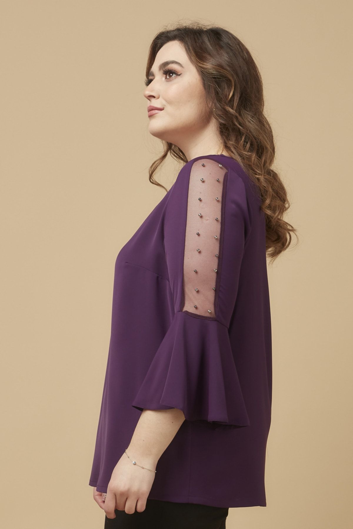 Moda Alba-Plum Sleeve Pearl Flounced Plus Size Stylish Blouse 2