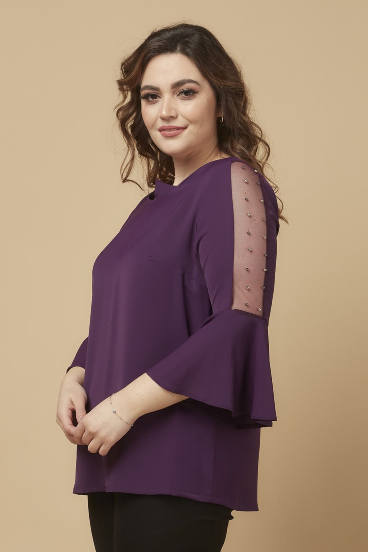 Moda Alba-Plum Sleeve Pearl Flounced Plus Size Stylish Blouse 4
