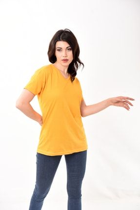 V Yaka Basic Slim Fit Erkek Tişört T-shirt Sarı BLF-V-YAKA-TSHRT-KDN