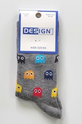 Renkil Pacman Desenli Parfümlü Pamuklu Unisex Gri Pacman Çocuk Çorabı BS-ÇOCUKPACMAN-001