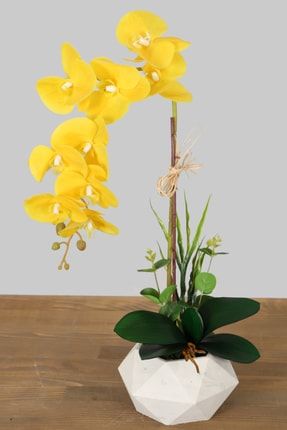 Beton Saksıda Yapay Baskılı Islak Orkide 55 Cm Sarı YPCCK-FKYT-1131