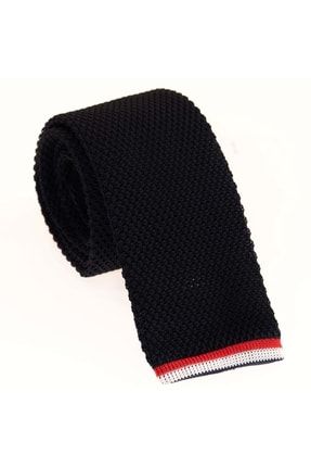 Siyah Sade Ucu Kırmızı Beyaz Triko Örme Küt Uçlu Trend Britli Kravat AL6099