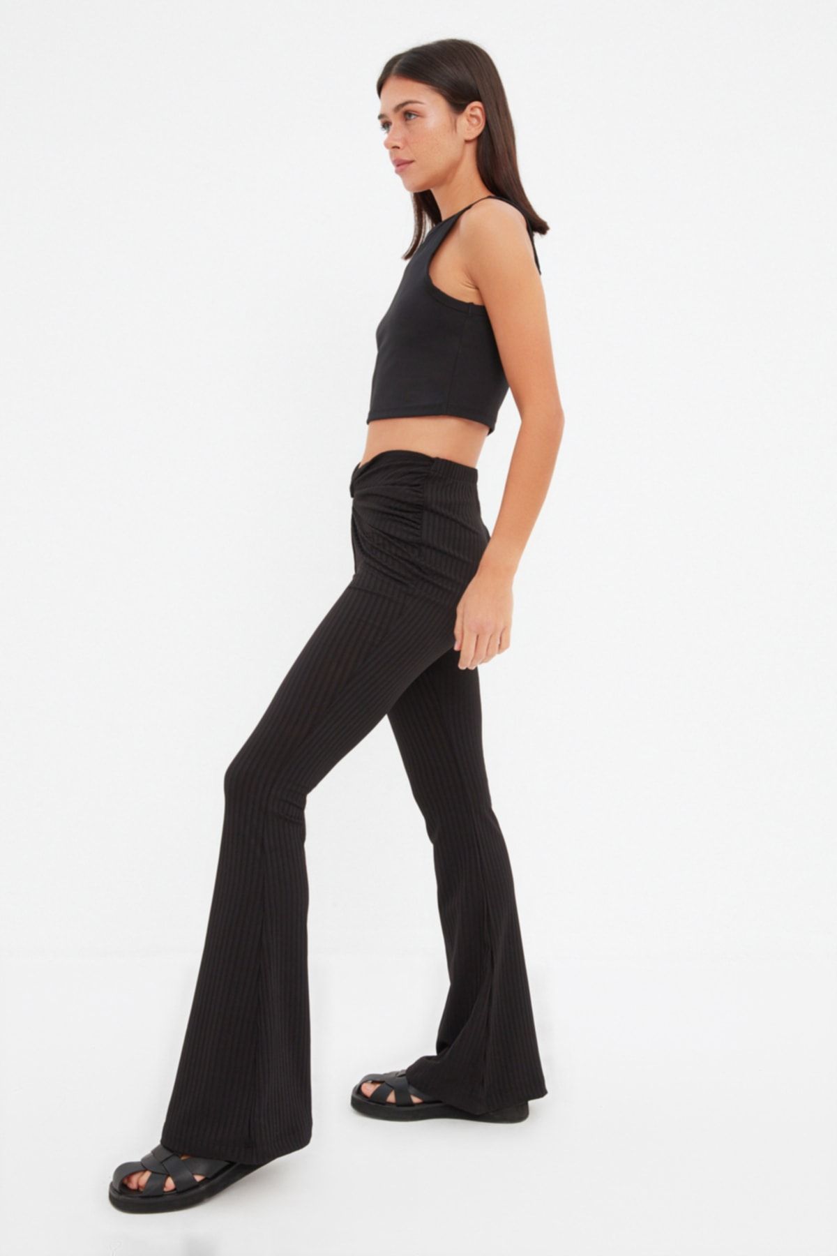 Trendyol Collection Black Straight Cut High Waist Ribbed Stitched