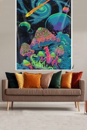 Uzaydaki Renkli Mantarlar Desenli Leke Tutmaz Kadife Dokulu Kumaş Duvar Örtüsü Duvar Halısı Tapestry TYC00399222072