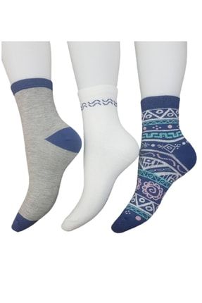 Kadın 4 Mevsim Iskandinav Desenli Gri, Füme Ve Krem Renklerde Pamuklu Çoraplar 3 Çift M0B0101-2074