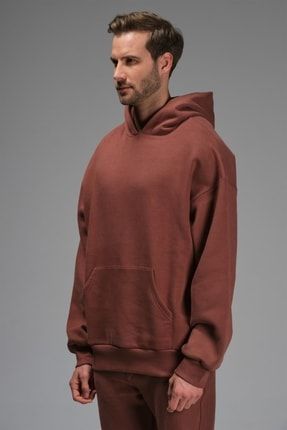 Pac Erkek Kahverengi Düz Renk Kapüşonlu Oversize Sweatshirt 1303PAC