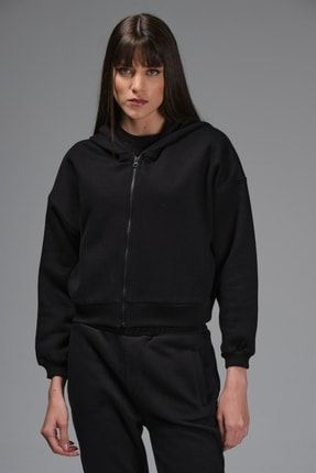 Alexa Kadın Siyah Kapüşonlu Fermuarlı Oversize Crop Sweatshirt 5304ALEXA