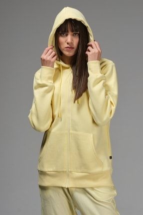Kadın Sarı Düz Renk Kapüşonlu Fermuarlı Boy Sweatshirt TYC00400862582