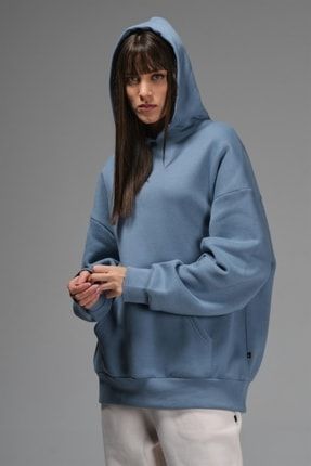Pac Kadın Mavi Düz Renk Kapüşonlu Oversize Sweatshirt 5303PAC