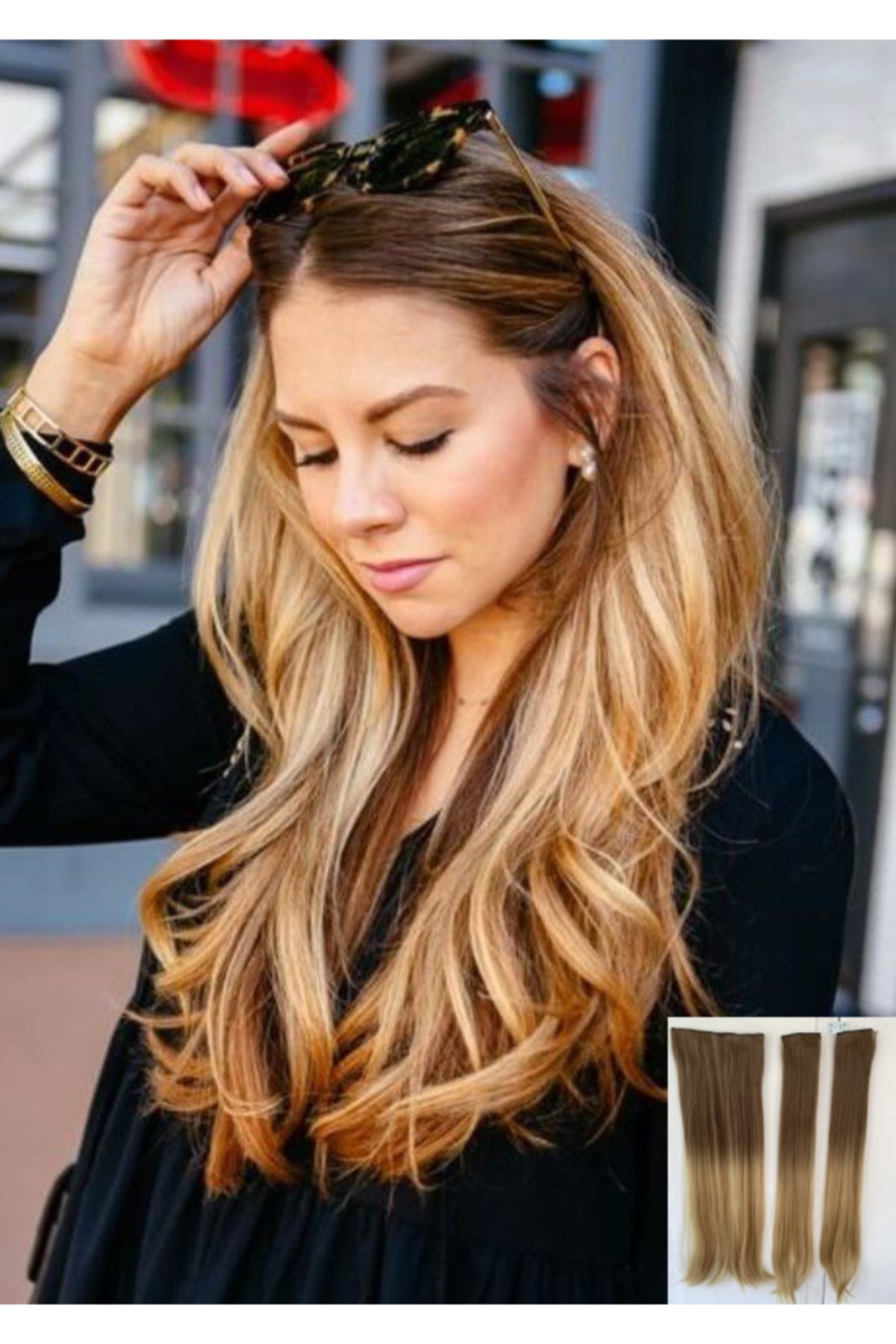 Koyu Balköpüğü Ombreli Uzun Düz Yarım Ay Saç – Sentetik Çıt Çıt – 3 Parça