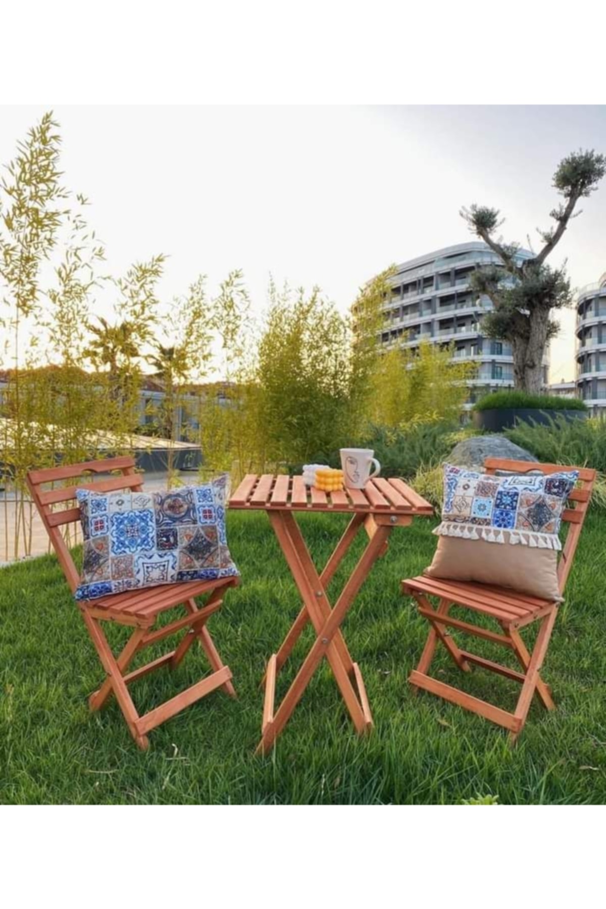 Sardes Home Balkon - Bahçe - Mutfak 3'lü Katlanır Masif Ahşap Bistro Set 2 Sandalye 1 Masa
