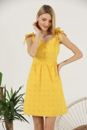 Kadın Sarı Brode Omuzdan Bağlama Detaylı Askılı Belden Oturan Mini Elbise PRA-5735302-324481