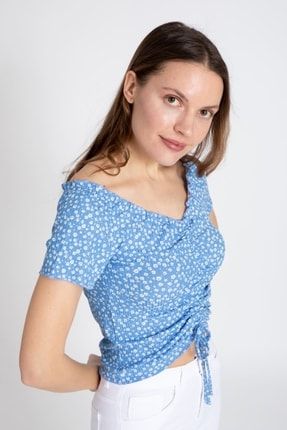 Kadın Önü Büzgülü Kısa Kol Nokta Çiçek Mavi Bluz 4499