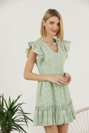 Kadın Yeşil Brode V Yaka Kloş Mini Elbise ZPNMRT105