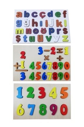 Ahşap 3'lü Set Türkçe Küçük Harfler Matematik Ve Rakam Öğretici Çocuk Eğitici Oyun Seti SNCPMATRAKTK3LU