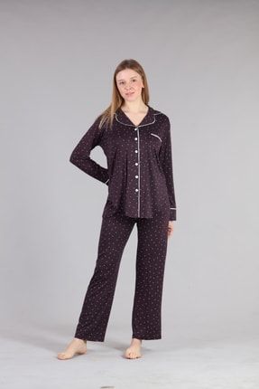 Kadın Mürdüm Noktalı Pamuklu Önden Düğmeli Pijama Takımı L5124