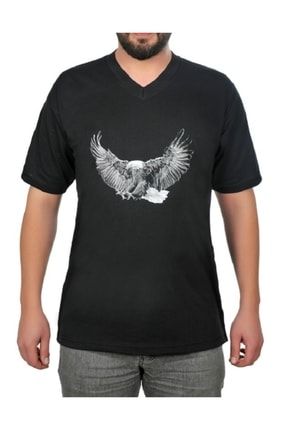 Eagle Kartal Tasarım Unisex V Yaka Siyah Pamuklu Kumaş Tişört yslypr1684