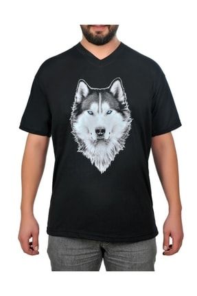 Wolf Kurt Tasarım Unisex V Yaka Siyah Pamuklu Kumaş Tişört yslypr1683