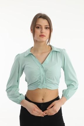 Kadın Ön Büzgülü Crop Gömlek Mint 317MDPP