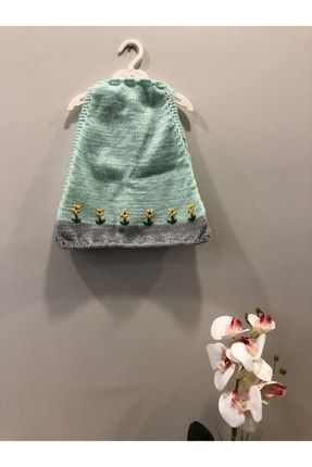 El Örgüsü Su Yeşili-gri Renkli Çiçek Detaylı Jile Bebek Elbisesi BBK026