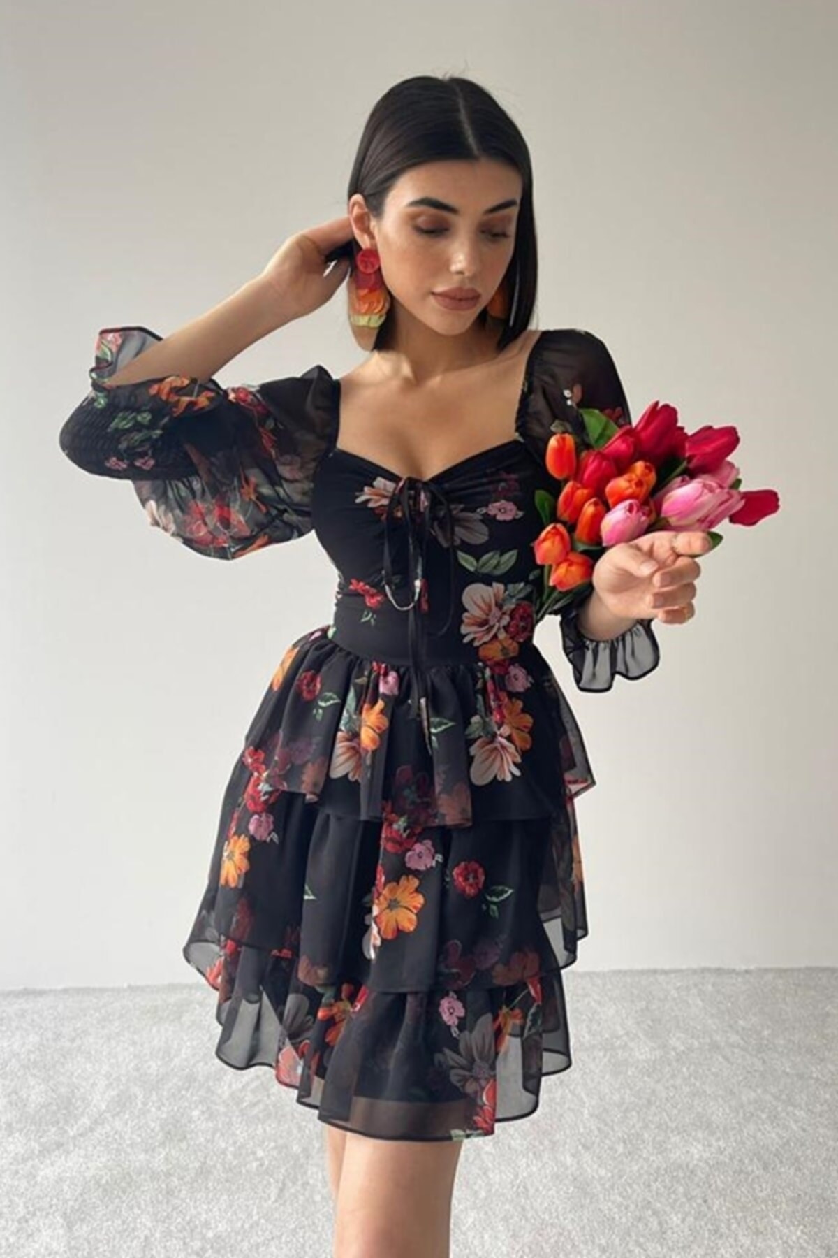 Özel Tasarım Astarlı Şifon Elbise Gipeli Elbise Çiçek Desen Elbise Eteği Kat Kat Elbise