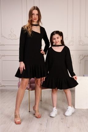 Siyah Analı Kızlı Fitted Yaka Etek Pile Detaylı 2 Iplik Elbise (TEKLİ FİYATTIR) Elb0041