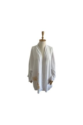 Beyaz Viskon Kumaş Geleneksel Taş Baskı El Yapımı Kimono&kaftan KMN0015