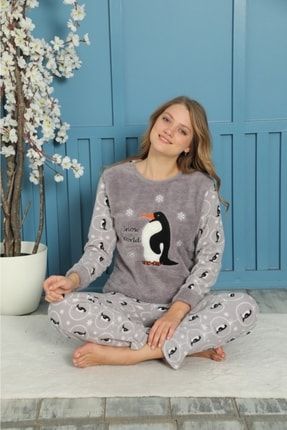 Kadın Gri Penguen Snow World Yazılı Polar Peluş Pijama Takımı MK185-17
