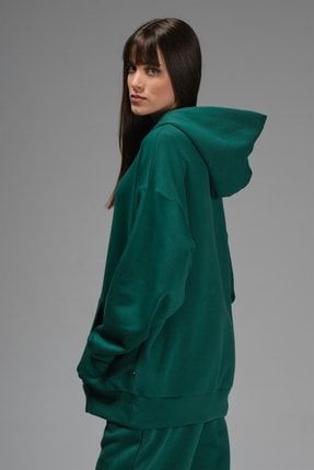 Pac Kadın Yeşil Düz Renk Kapüşonlu Oversize Sweatshirt 5303PAC