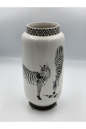 Zebra Desenli Siyah Beyaz Porselen Vazo P121885351