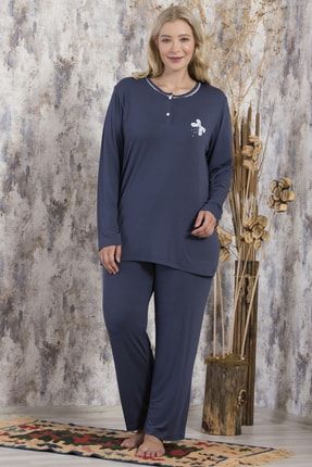 Viskon Patlı Yaka Büyük Eden Uzun Kol Licralı Pijama Tk 024
