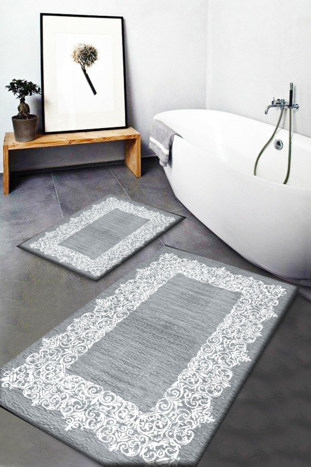 Else Hal Gray and White Lace Look 2 Piece Toilet Set Bath Mat