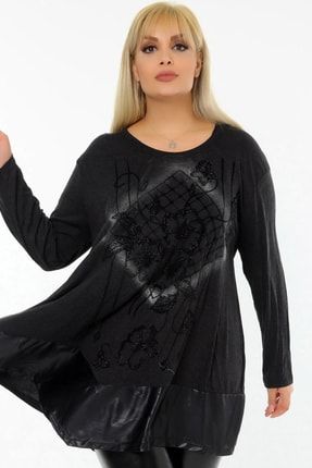 Yuvarlak Yaka Çiçekli Taş Baskılı Eteği Deri Bloklu Uzun Kol Çan Kesim Dökümlü Bluz AKHS-00011