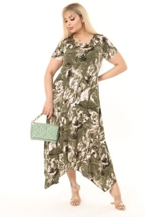 Kadın Yeşil Asimetrik Kesim Batik Desenli Elbise ASM-DSN