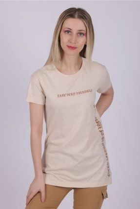 Kadın %100 Pamuk Yazı Baskılı Yırtmaç Detay Bej T-Shirt 20580