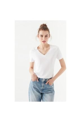 Kadın Lux Touch V Yaka Beyaz Modal Tişört 1600956-620