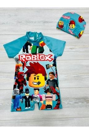 Erkek Çocuk Roblox Baskı Desen Çok Renkli Tam Vücut Şortlu Mayo ve Bone TYC00398429482
