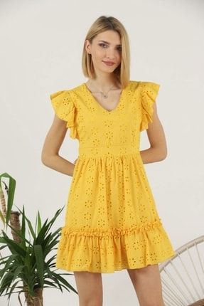 Kadın Sarı Brode V Yaka Kloş Mini Elbise PRA-5735313-615222
