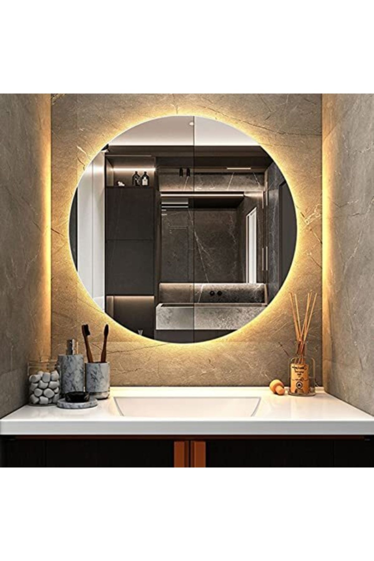 Narkissos Dizayn 90 Cm Günışığı Ledli Yuvarlak Banyo Aynası/ Makyaj Aynası/ Trafolu