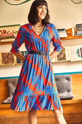 Kadın Saks Mavi Yakası Fırfırlı Bağlamalı Dokuma Viscon Elbise ELB-19001692