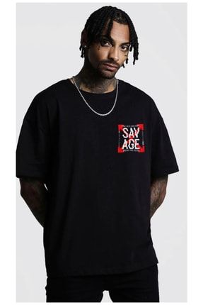 Erkek Siyah Oversize Savage Baskılı T-shirt TWNTYN-7