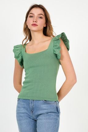 Kadın Mint Yeşili Kolu Fırfırlı Kare Yaka Yazlık Triko Bluz BLZ0097