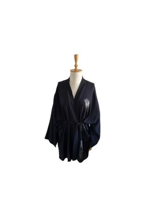 Siyah Viskon Kumaş Geleneksel Taş Baskı El Yapımı Kimono&kaftan KMN0002