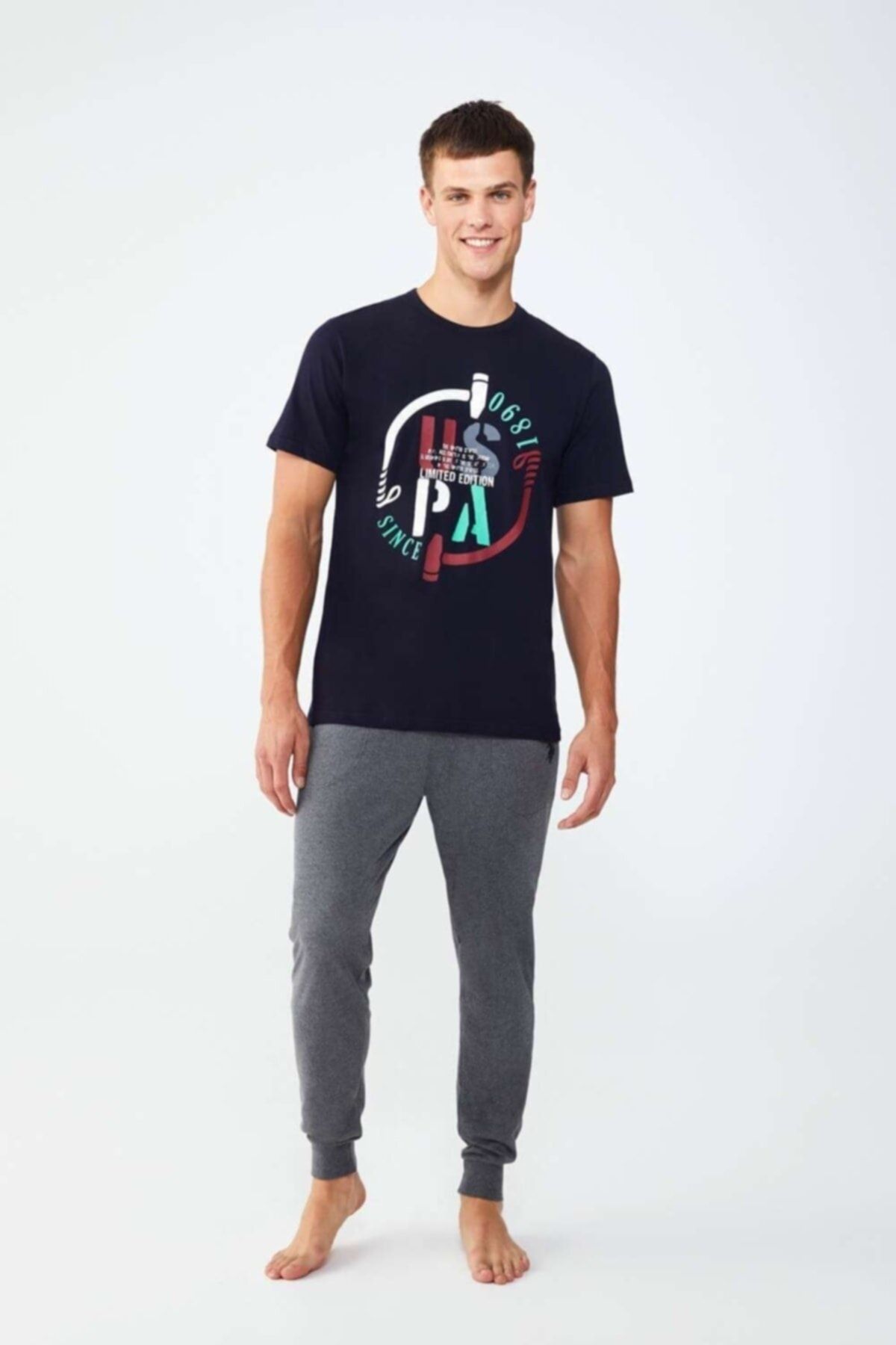 ست پیژامه آبی مردانه لباس خواب یقه گرد سرمه ای U.S. Polo Assn.