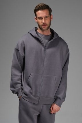 Jay Erkek Koyu Gri Düz Renk Kapüşonlu Fermuarlı Oversize Sweatshirt 1302JAY