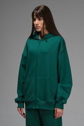 Jay Kadın Yeşil Düz Renk Kapüşonlu Fermuarlı Oversize Sweatshirt 5302JAY