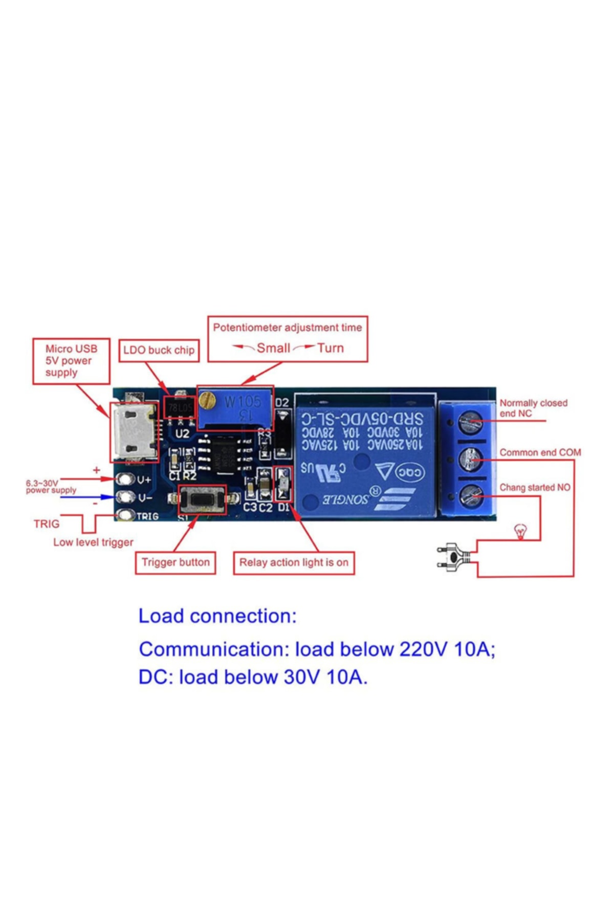 5v-30v Micro Usb Zaman Gecikme Röle Modülü 0-24sn Potansiyometre 8
