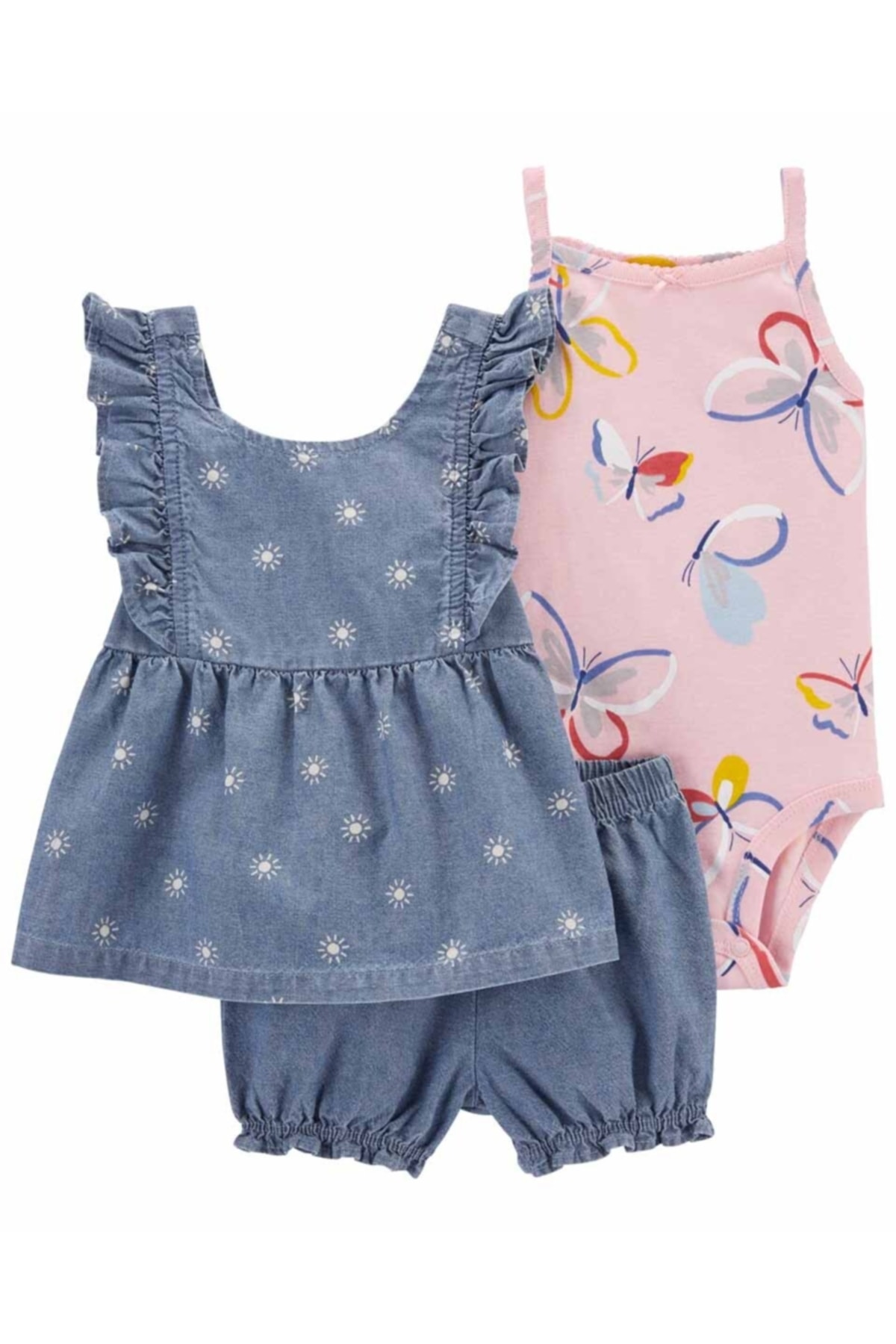 Carter's Kız Bebek Bluz Body Şort Set 3'lü Paket Mavi